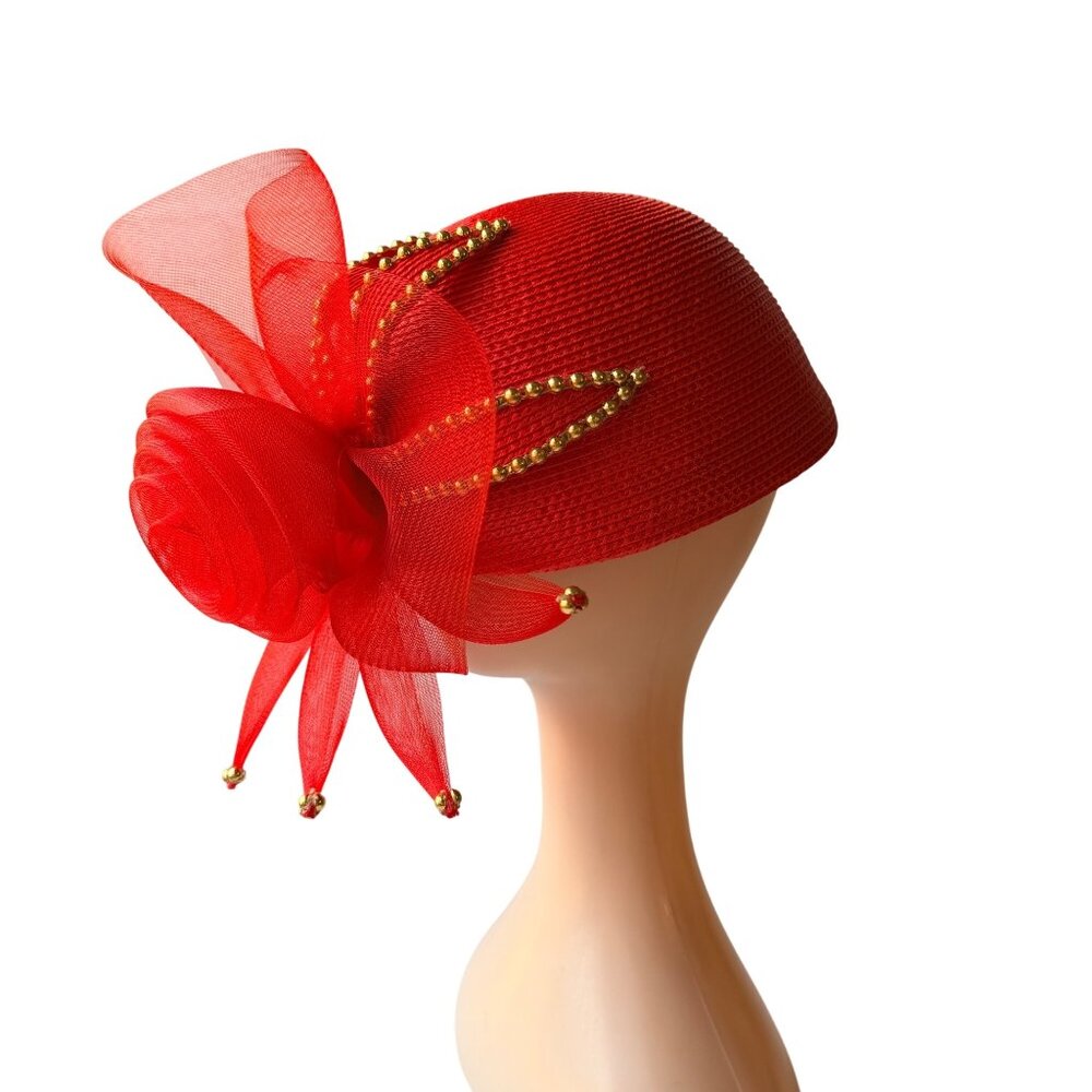 Vintage 1980s Red Cocktail Hat Mesh Bow Gold Beading Kentucky Derby Fascinator